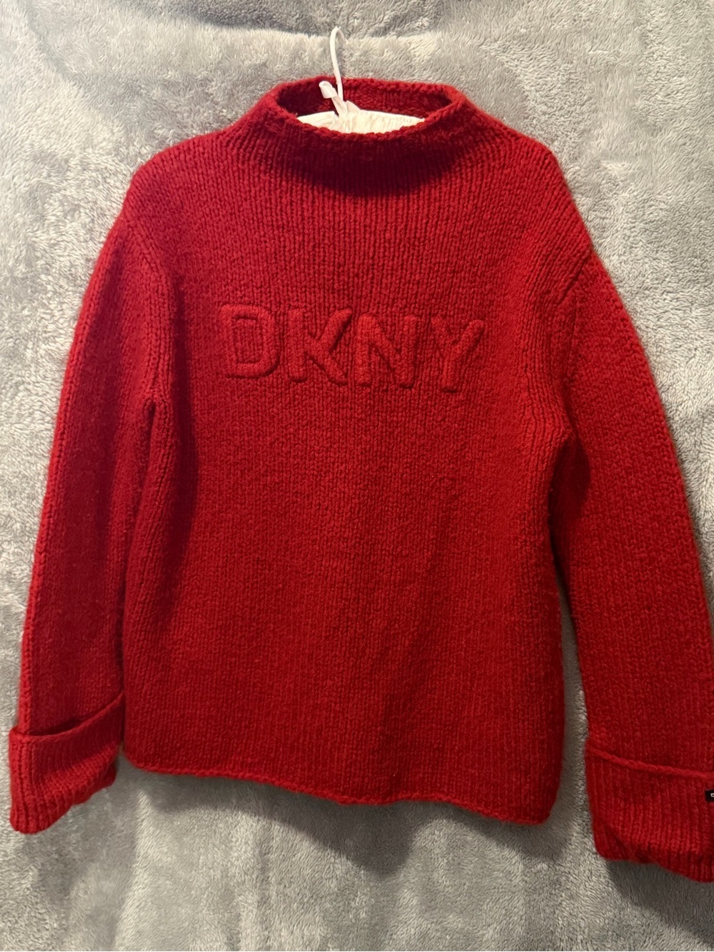 DKNY Red Embossed Logo Cowl Neck Sweater